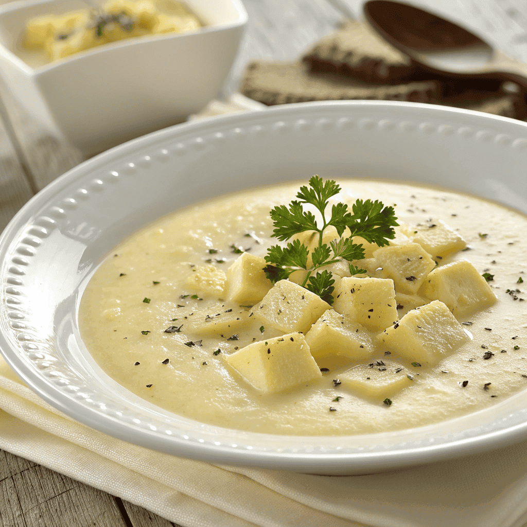 Creamy German potato soup with diced potatoes and parsley garnish