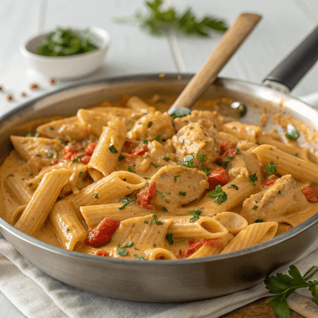 Creamy Louisiana chicken pasta with penne, Cajun sauce, chicken, and parsley in a skillet.