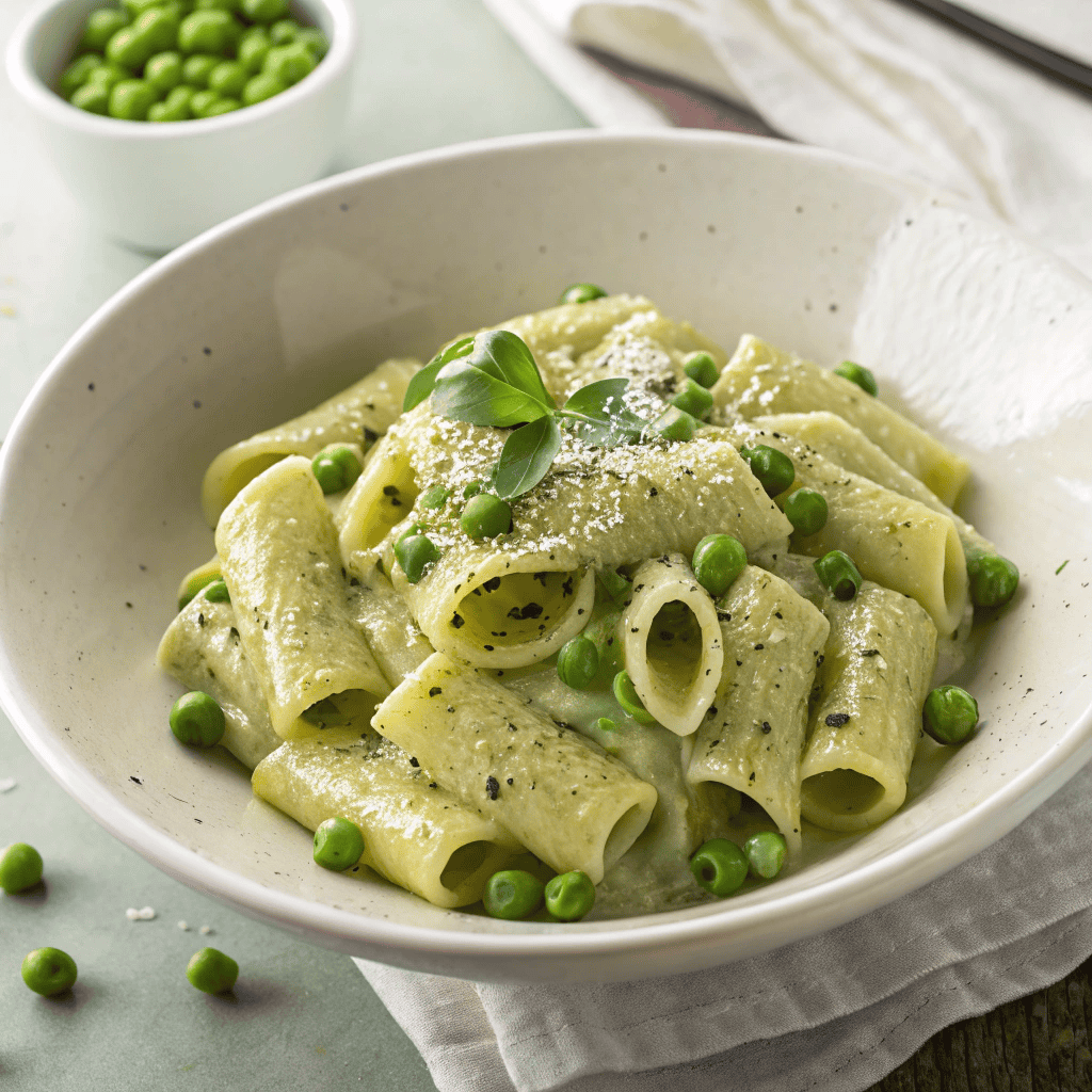 Hero shot of creamy pea pasta with tubular pasta coated in green sauce, whole peas, and black pepper in a white bowl.