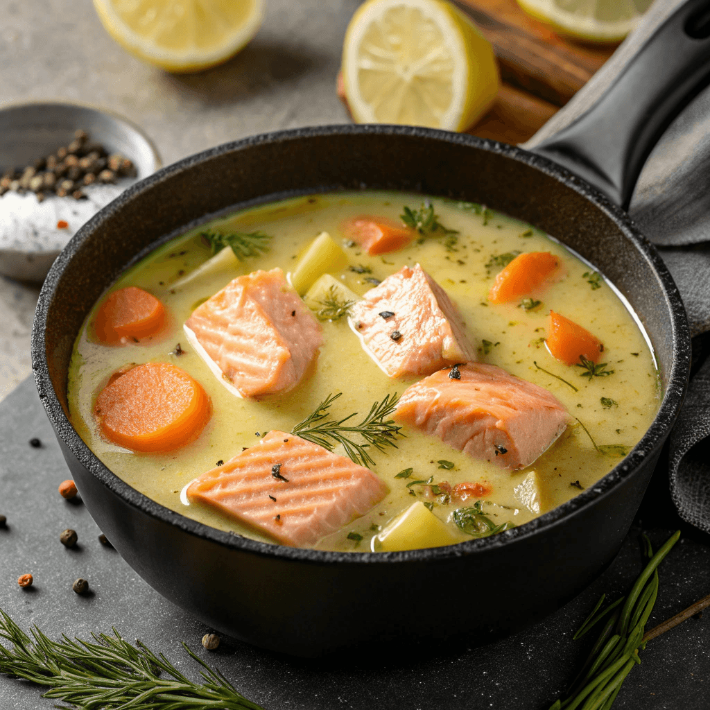 Easy Creamy Finnish Salmon Soup Recipe 4 Creamy salmon soup with potatoes, carrots, dill and lemon in a black pot