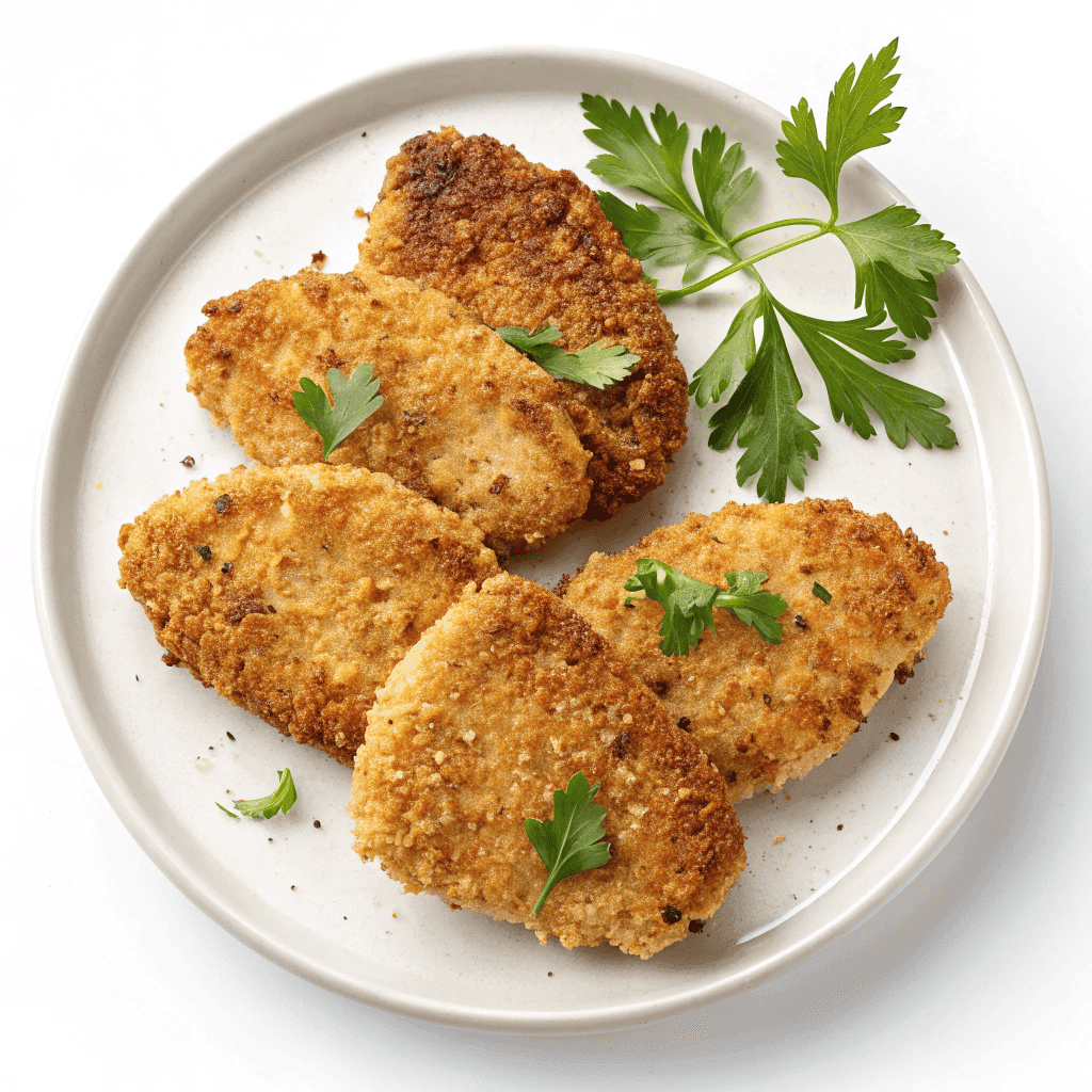 Crispy air fryer chicken cutlets coated in golden breadcrumbs and garnished with fresh parsley and lemon wedges