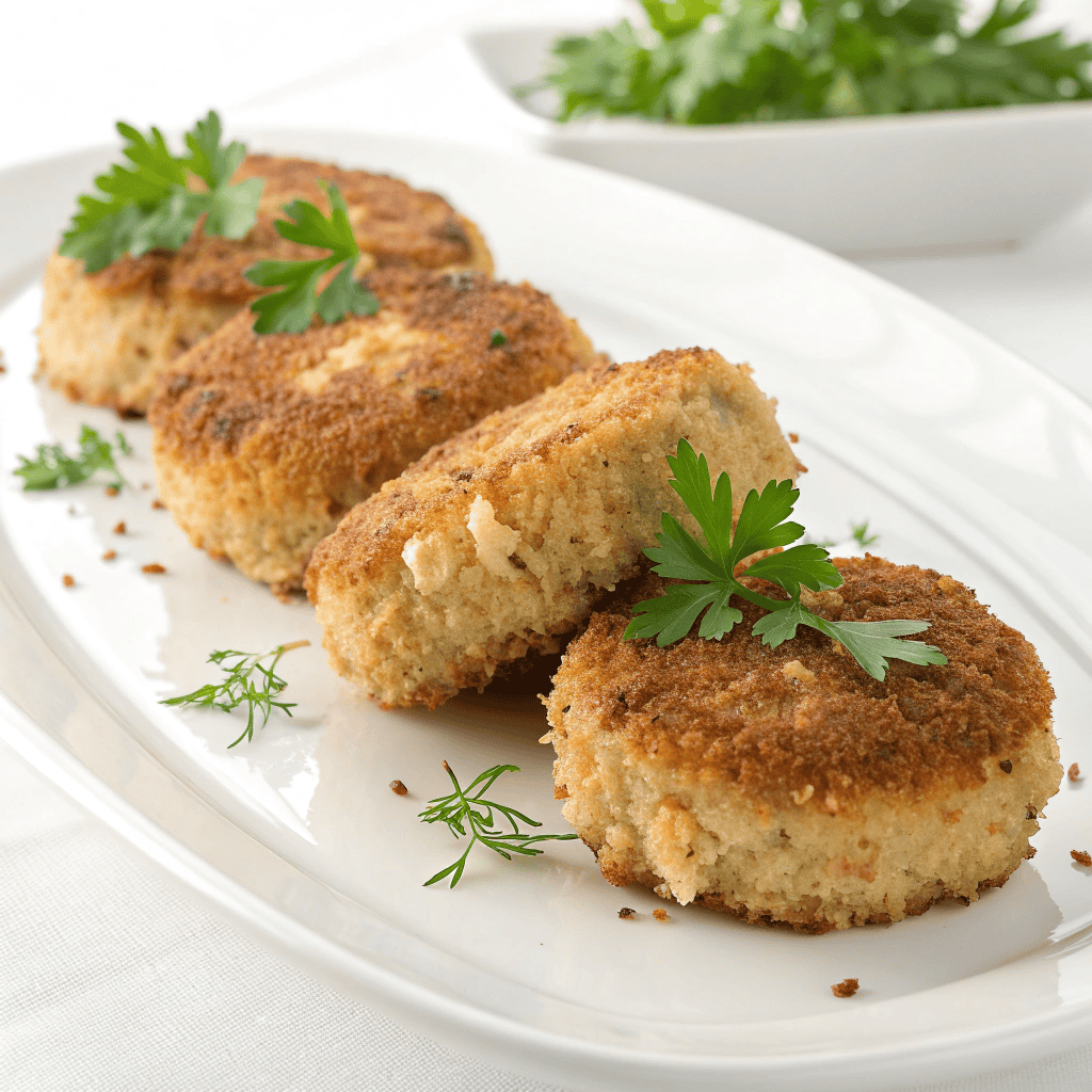 Crispy crab cakes with golden breadcrumb crust served on a white plate.