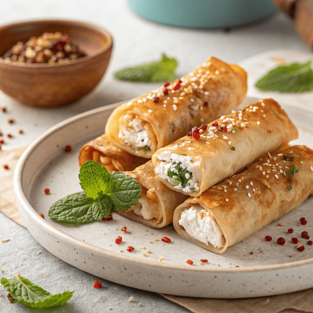 Full plate of golden feta rolls topped with chili flakes and herbs