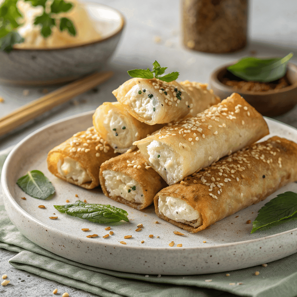 Golden crispy feta rolls drizzled with honey and topped with chili and herbs
