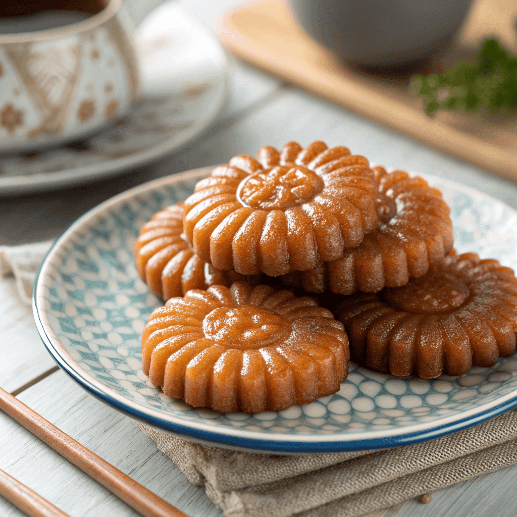 Stacked crispy yakgwa with glossy honey glaze on a decorative plate.