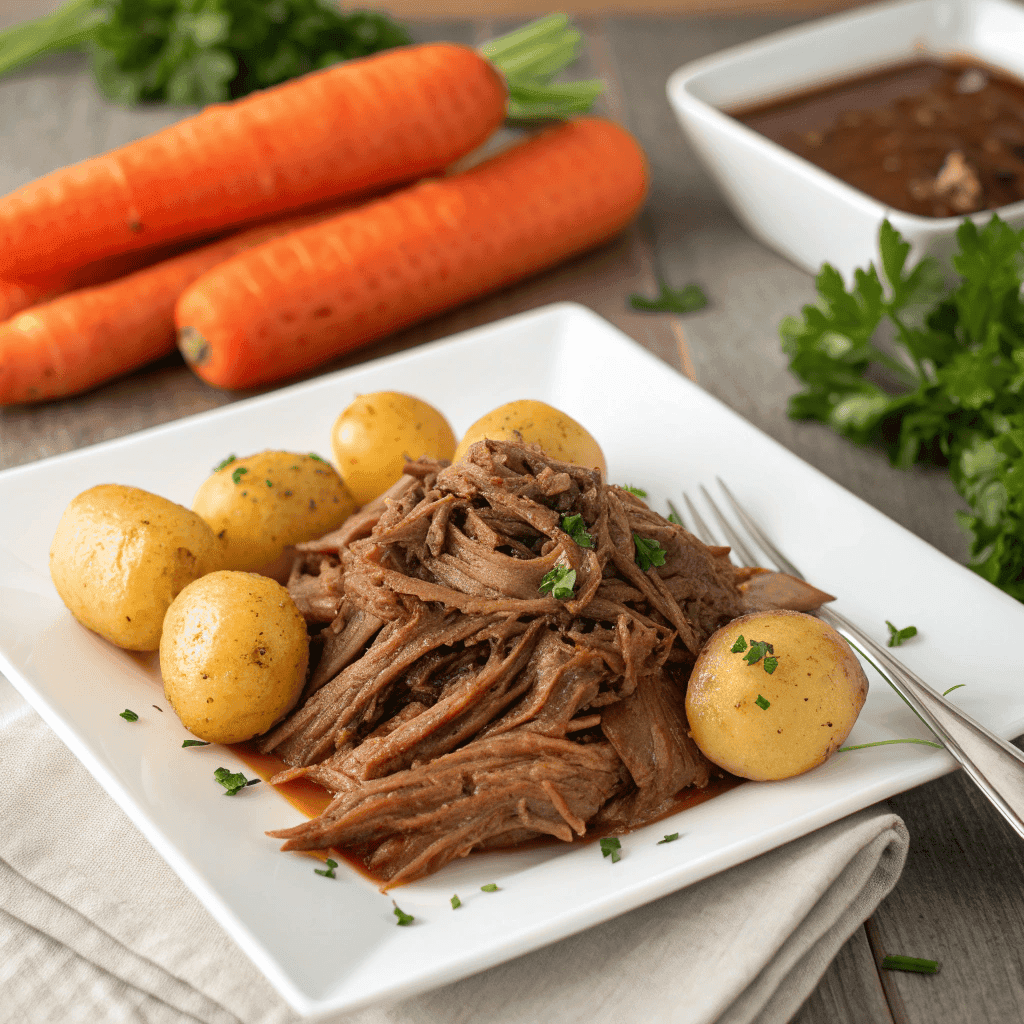 Crock pot roast beef served with tender potatoes and carrots on a white plate, slow cooked until juicy and fork tender