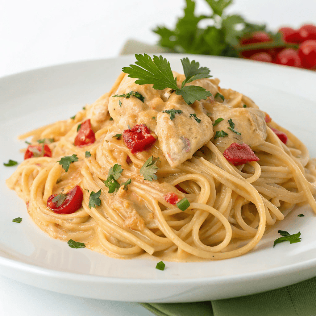 Crockpot chicken spaghetti with creamy sauce, shredded chicken, and diced tomatoes served on a white plate