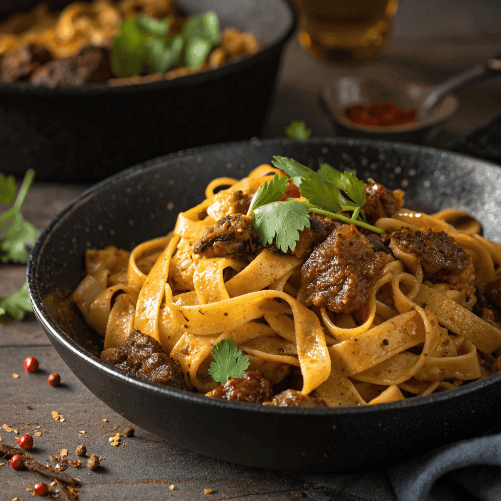 Spicy cumin lamb noodles with wide ribbon noodles and cilantro garnish