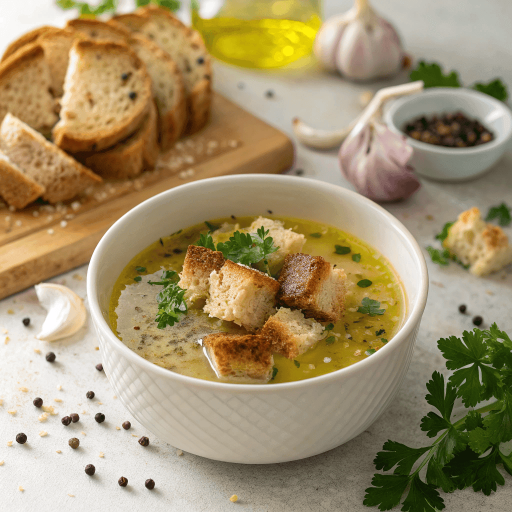 Traditional Czech garlic soup with golden broth, crispy croutons, parsley, and grated cheese.