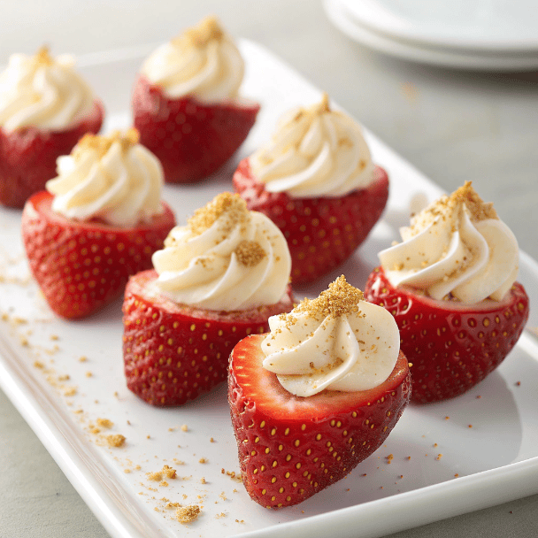 Deviled strawberries filled with piped cream arranged on a white platter