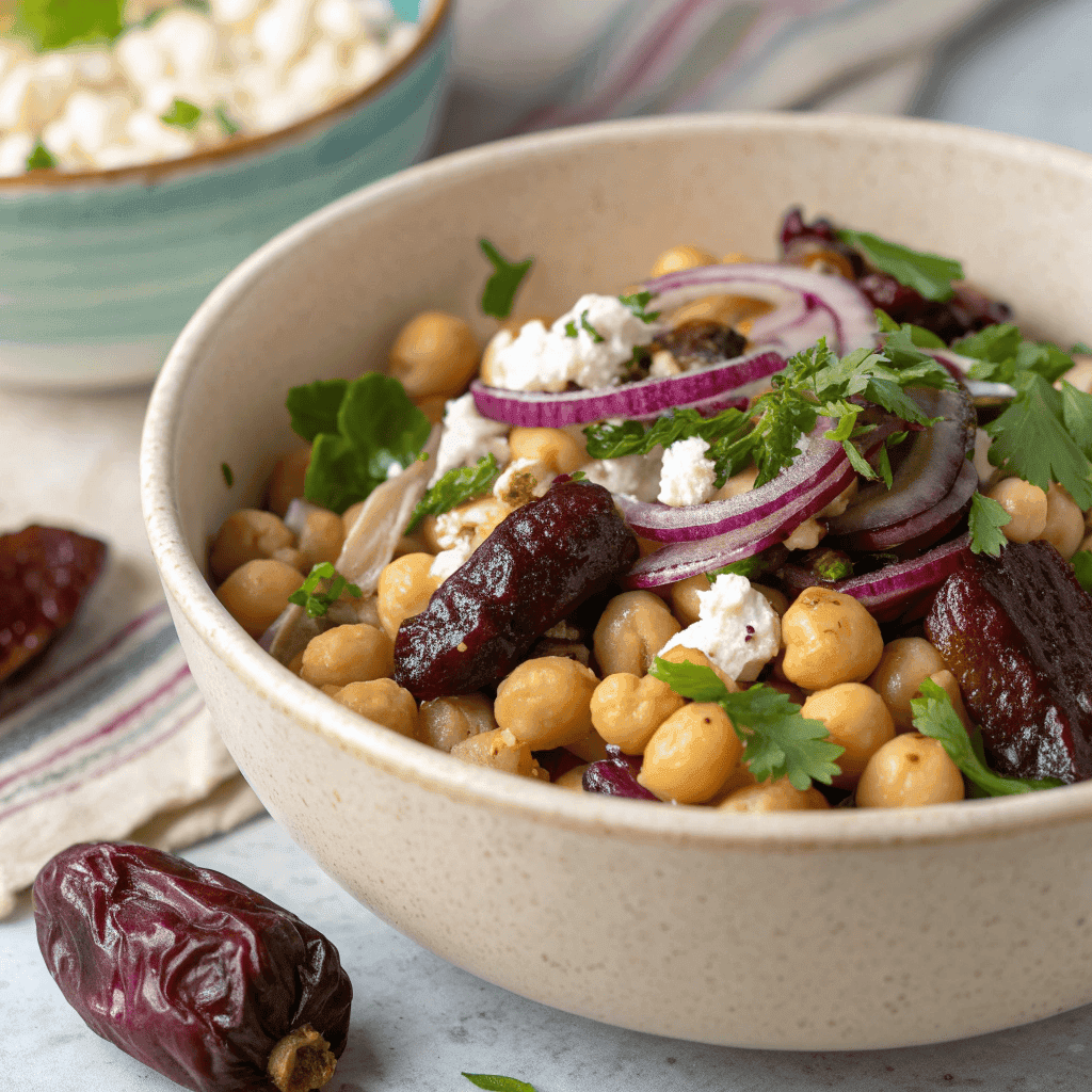 Hero shot of divorce salad with chickpeas, dates, red onion, herbs, and crumbled cheese in a bowl.