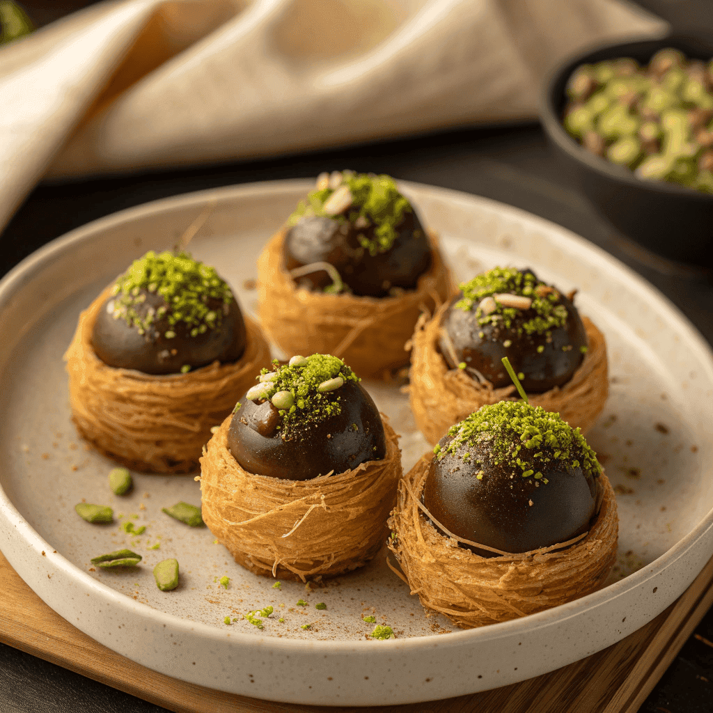Full view of Dubai chocolate balls on a plate showing dark chocolate coating, kataifi pastry, and pistachio garnish.