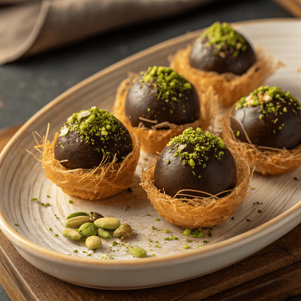 Hero shot of Dubai chocolate balls coated in dark chocolate, wrapped in crispy kataifi pastry, and topped with chopped pistachios.