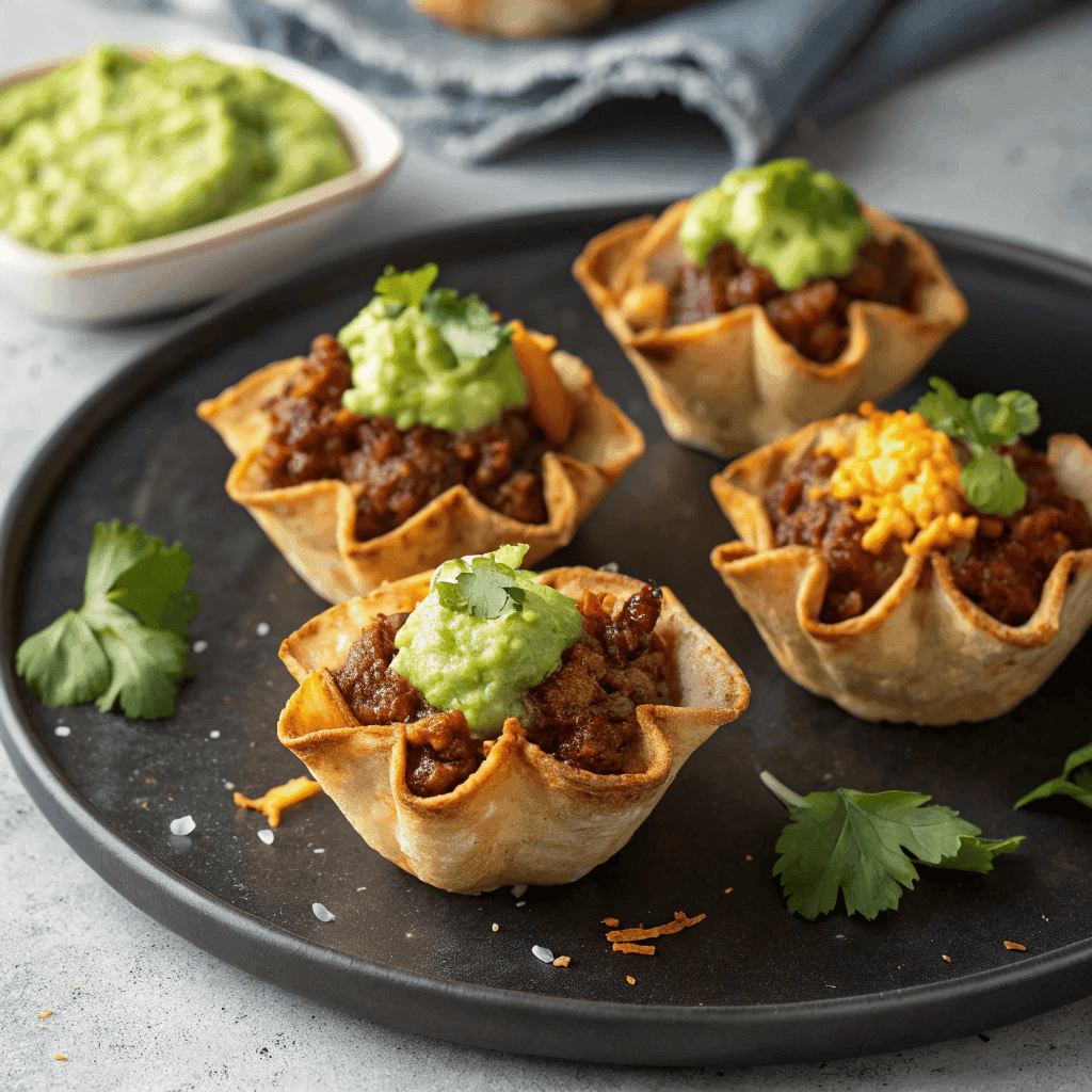 Easy Cheesy Beef Taco Cups Recipe 4 Hero shot of easy beef taco cups with crispy tortilla shells, seasoned beef, melted cheese, guacamole, sour cream, and tomatoes.