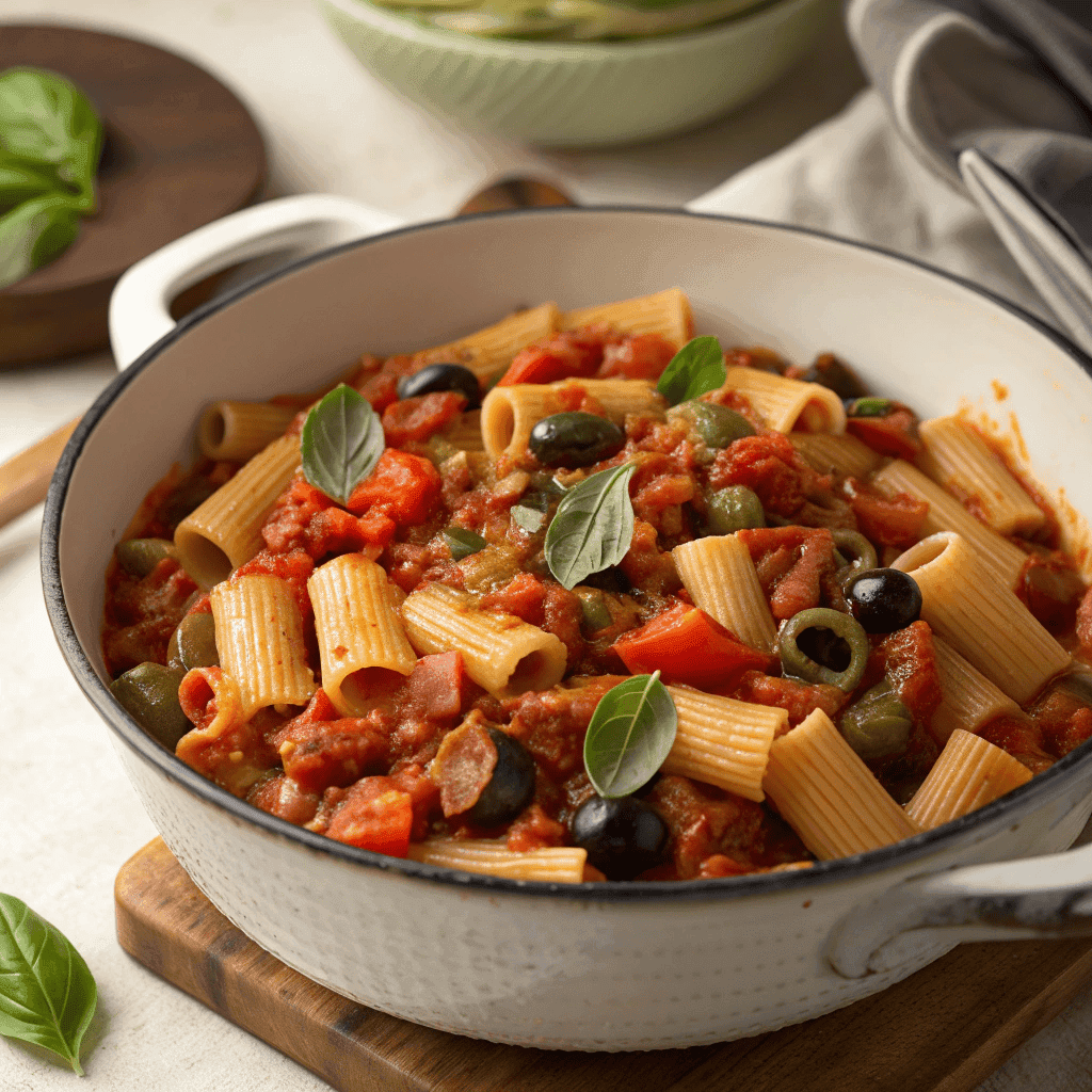 Hero shot of eggplant caponata pasta with rigatoni, tomato sauce, diced eggplant, celery, basil, and olives in an enameled pot.