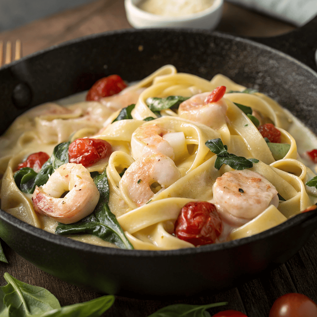 Creamy fettuccine pasta with shrimp, spinach, cherry tomatoes, and Alfredo sauce in a dark bowl.