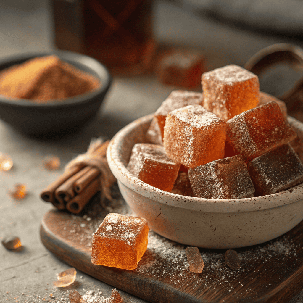 Fire-Kissed Cinnamon Glass Candy – Spicy, Sweet & Stunning 4 Fire-kissed cinnamon glass candy cubes with translucent amber color and crystallized sugar surface