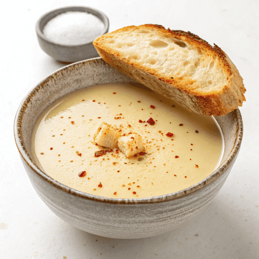 Ultimate French Garlic Soup – Rustic, Creamy, and Comforting 1 Creamy French garlic soup served in a bowl with a toasted bread crouton.