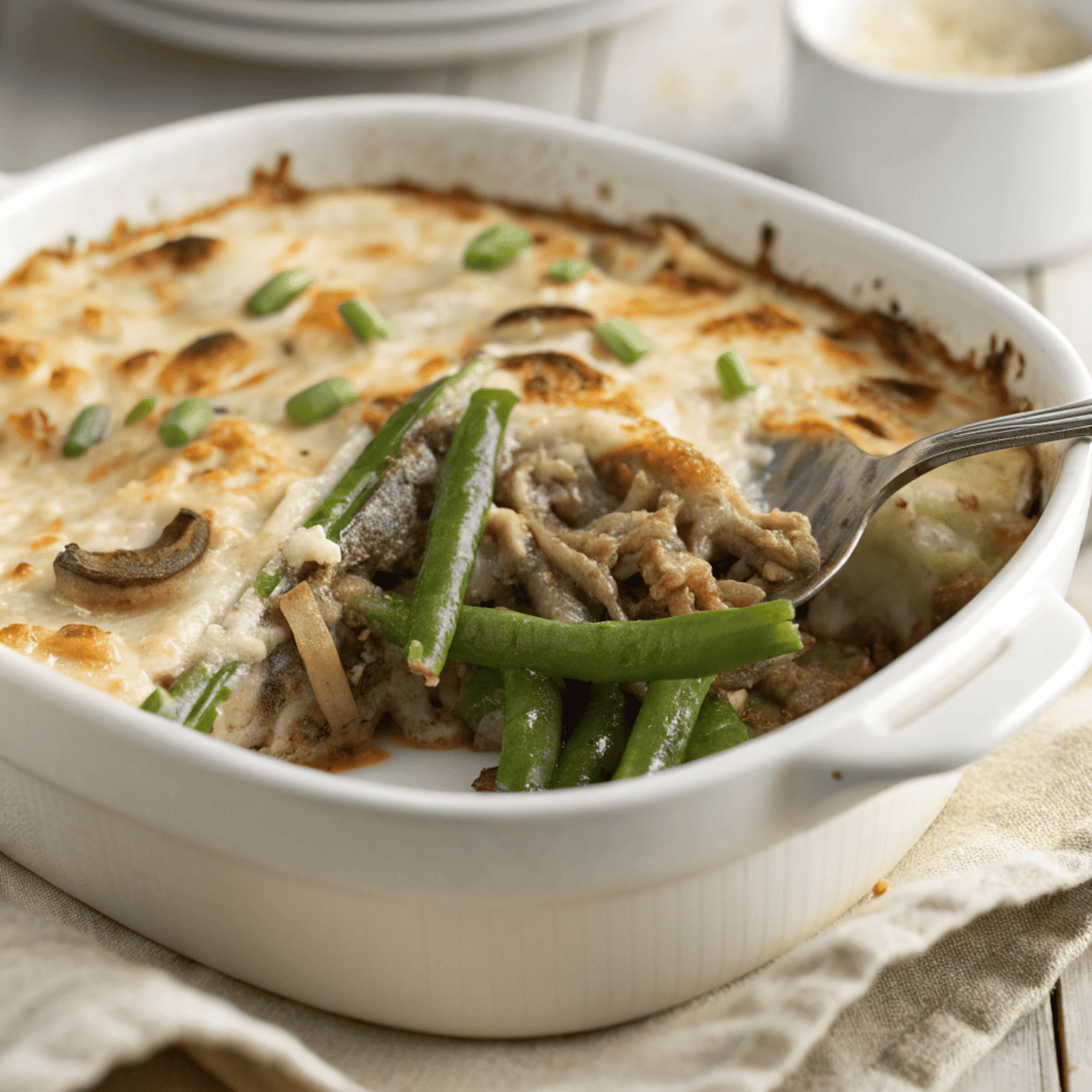 French onion green bean casserole with melted cheese, mushrooms, and onions in a baking dish.