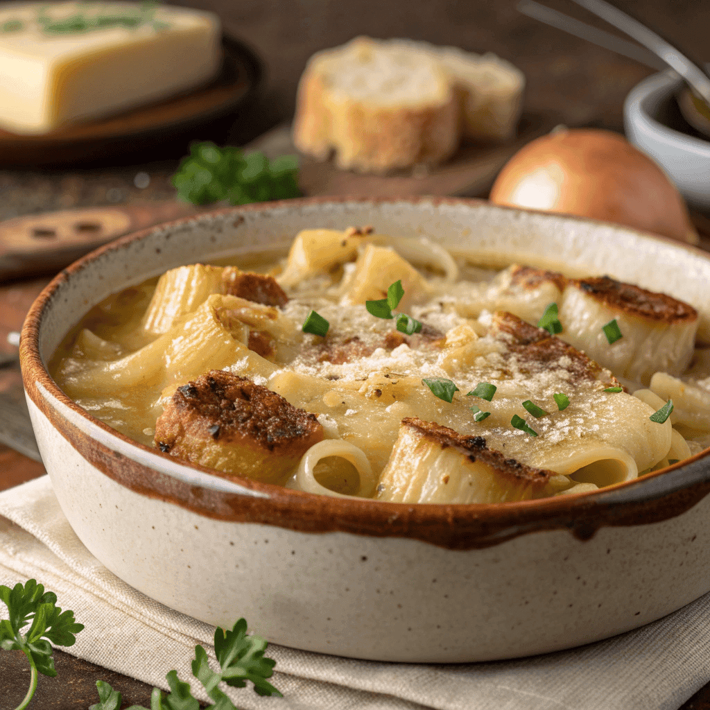 French onion soup pasta with melted cheese, caramelized onions, and crispy breadcrumbs