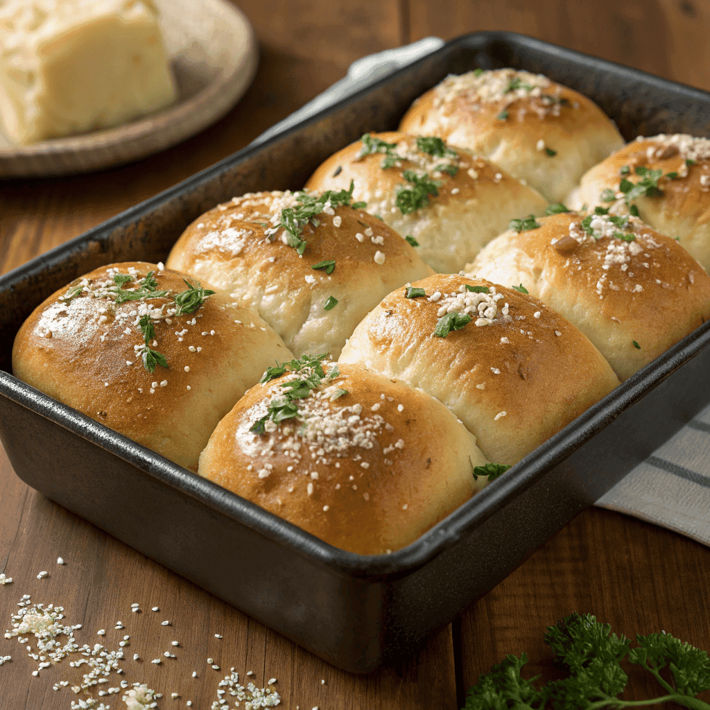 Garlic parmesan dinner rolls baked golden with butter, parmesan cheese, and fresh parsley in a baking pan