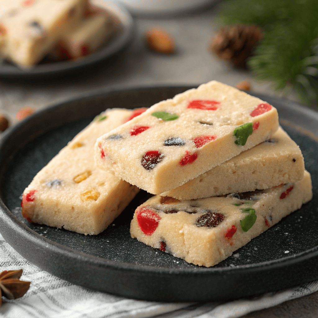 Fruitcake Shortbread Cookies – Festive, Buttery & Perfect for the Holidays 3 Fruitcake shortbread cookies with colorful candied fruit pieces stacked on a plate