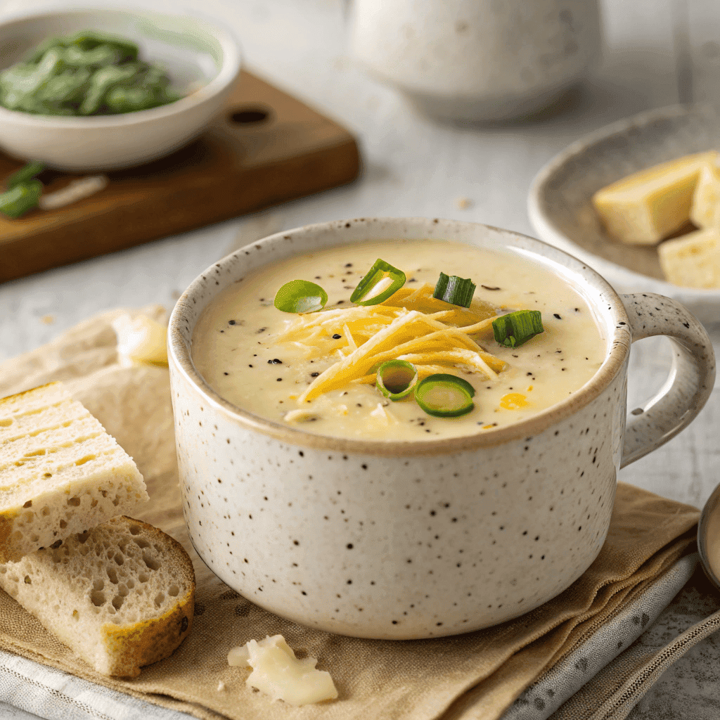 Garlic cheddar cauliflower soup with green onions and toasted bread dipped into melted cheese.
