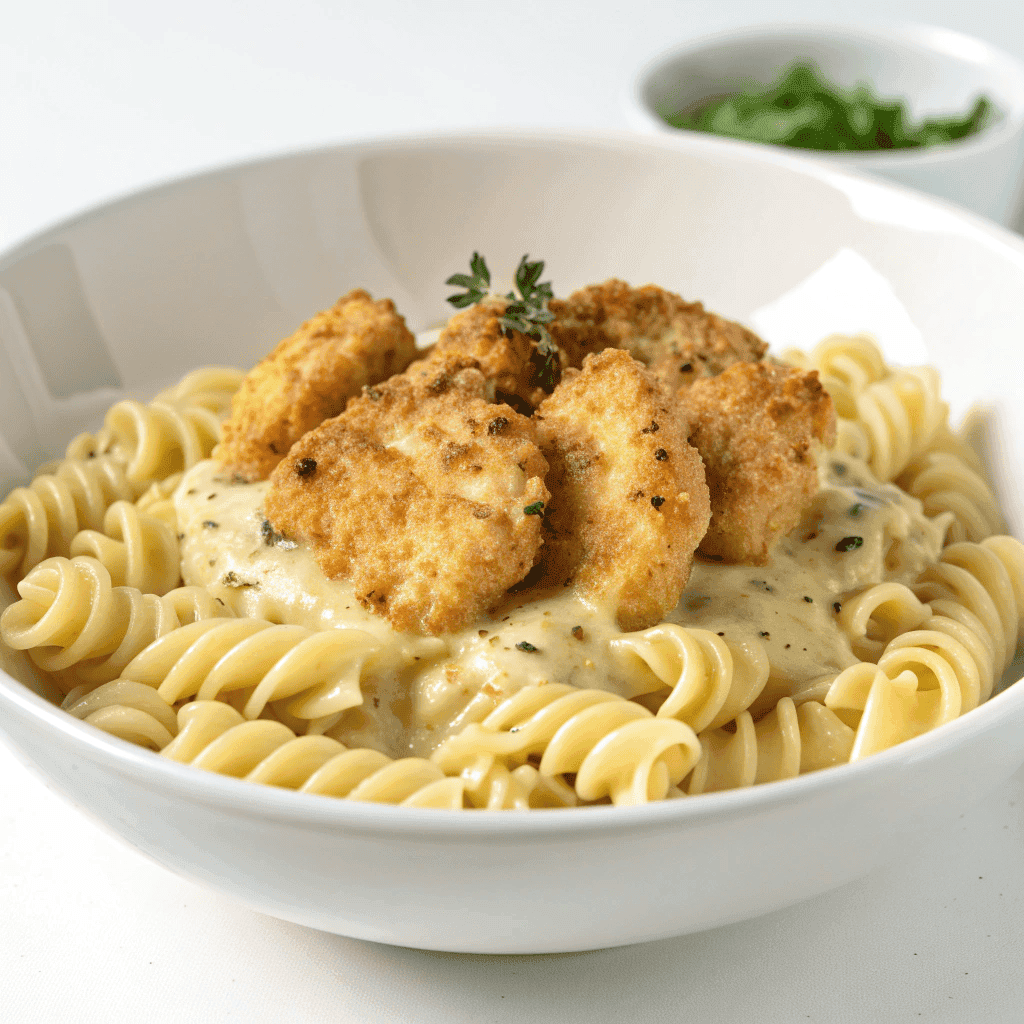 Crispy Garlic Parmesan Chicken Bites with Creamy Rotini Pasta 1 Creamy rotini pasta topped with garlic parmesan chicken bites served in a white bowl.