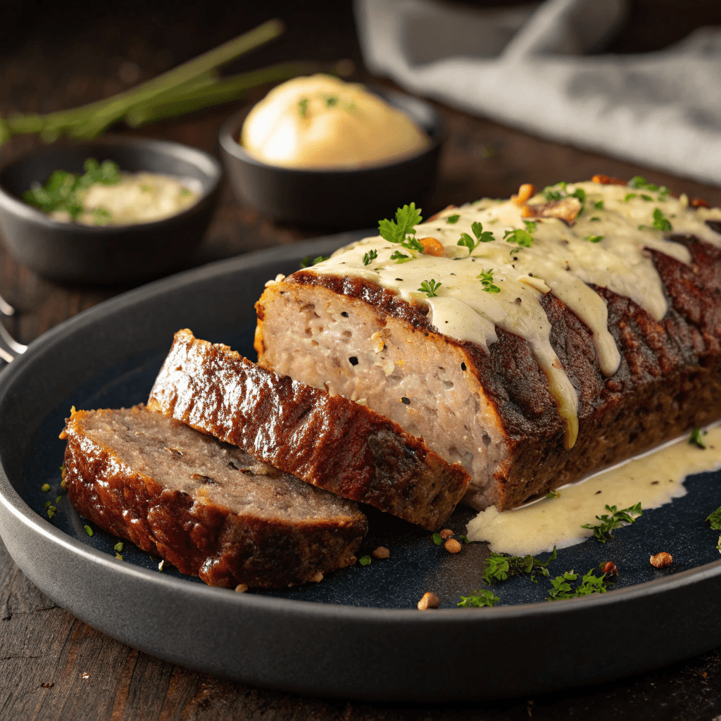 Garlic parmesan meatloaf slices topped with creamy garlic sauce and fresh herbs.