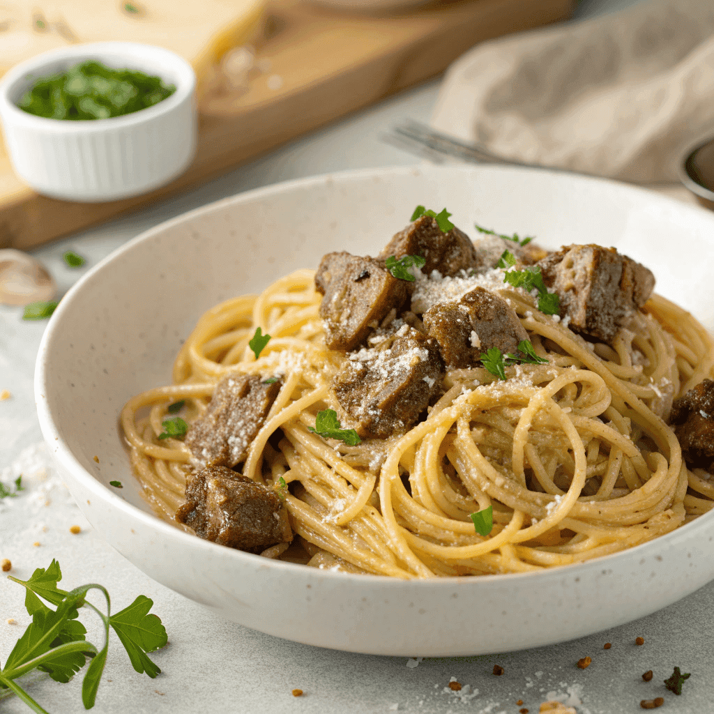 Garlic parmesan beef pasta with creamy sauce, tender beef pieces, spaghetti noodles, and fresh parsley