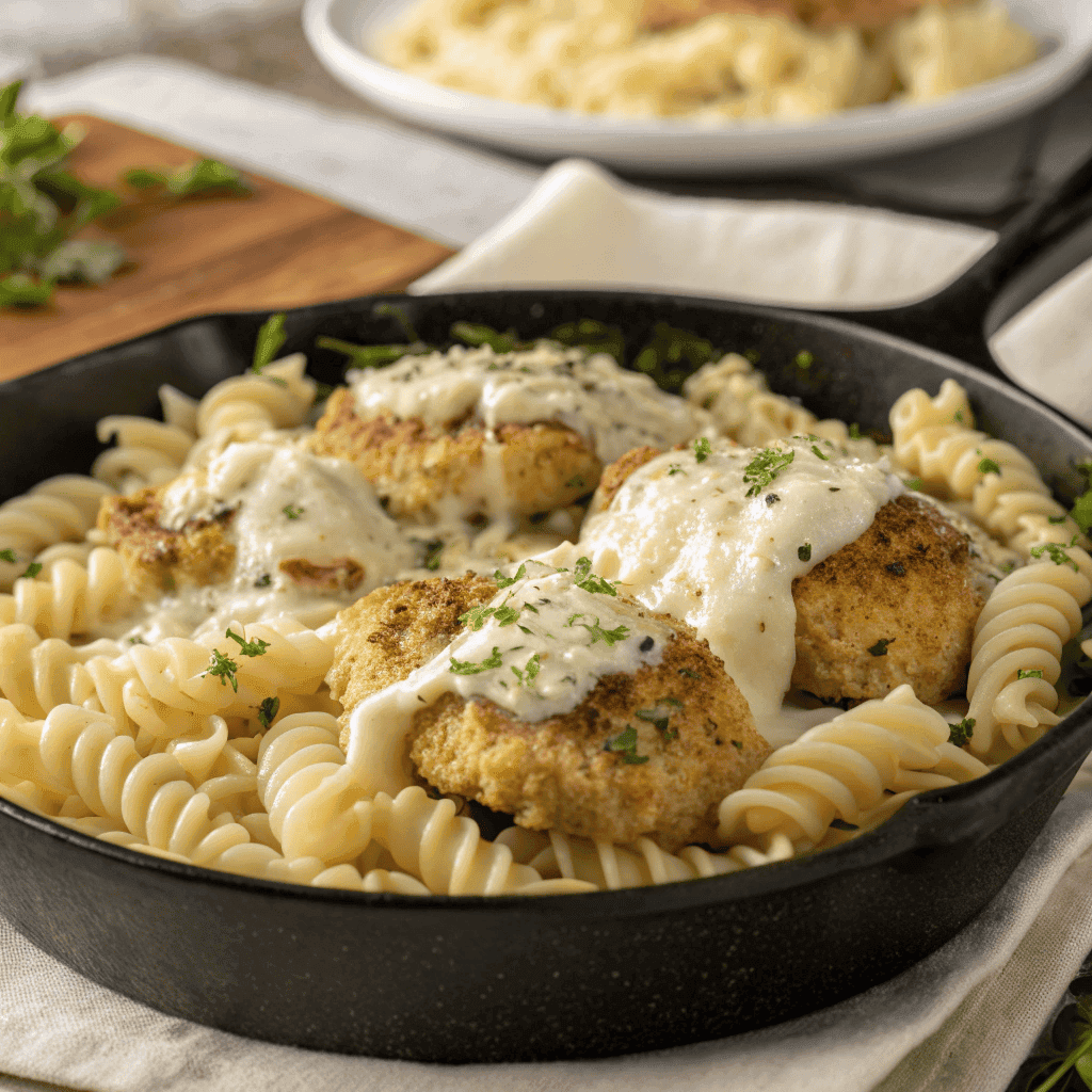 Crispy Garlic Parmesan Chicken Bites with Creamy Rotini Pasta 4 Garlic parmesan chicken bites served over creamy rotini pasta in a rich white sauce.