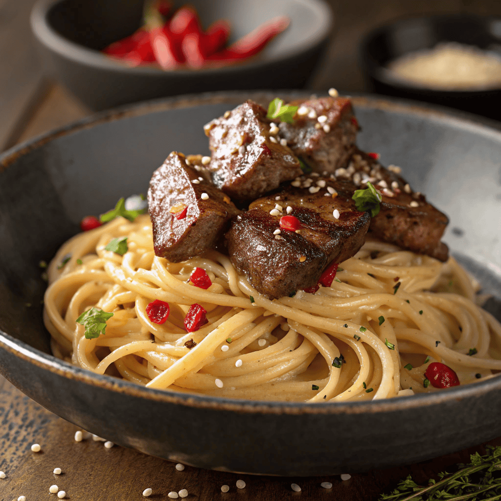 Garlic steak pasta with seared beef, buttery spaghetti, chili flakes, and herbs in a dark bowl
