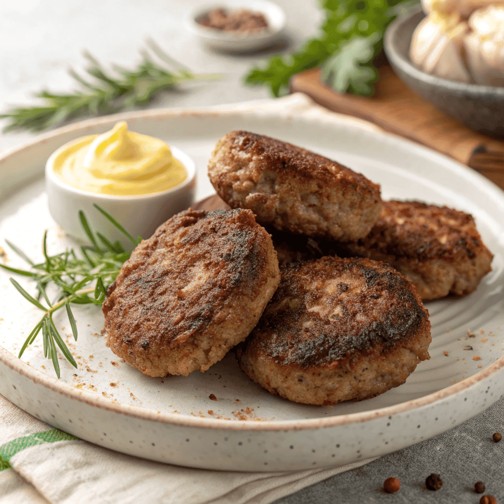 Golden-brown German Frikadellen meat patties served on a white plate with mustard and fresh herbs.