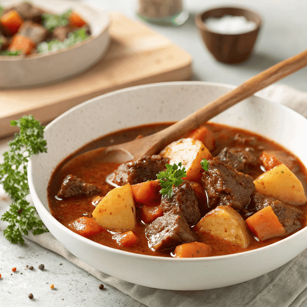 German goulash with tender beef, potatoes, and carrots in rich paprika gravy