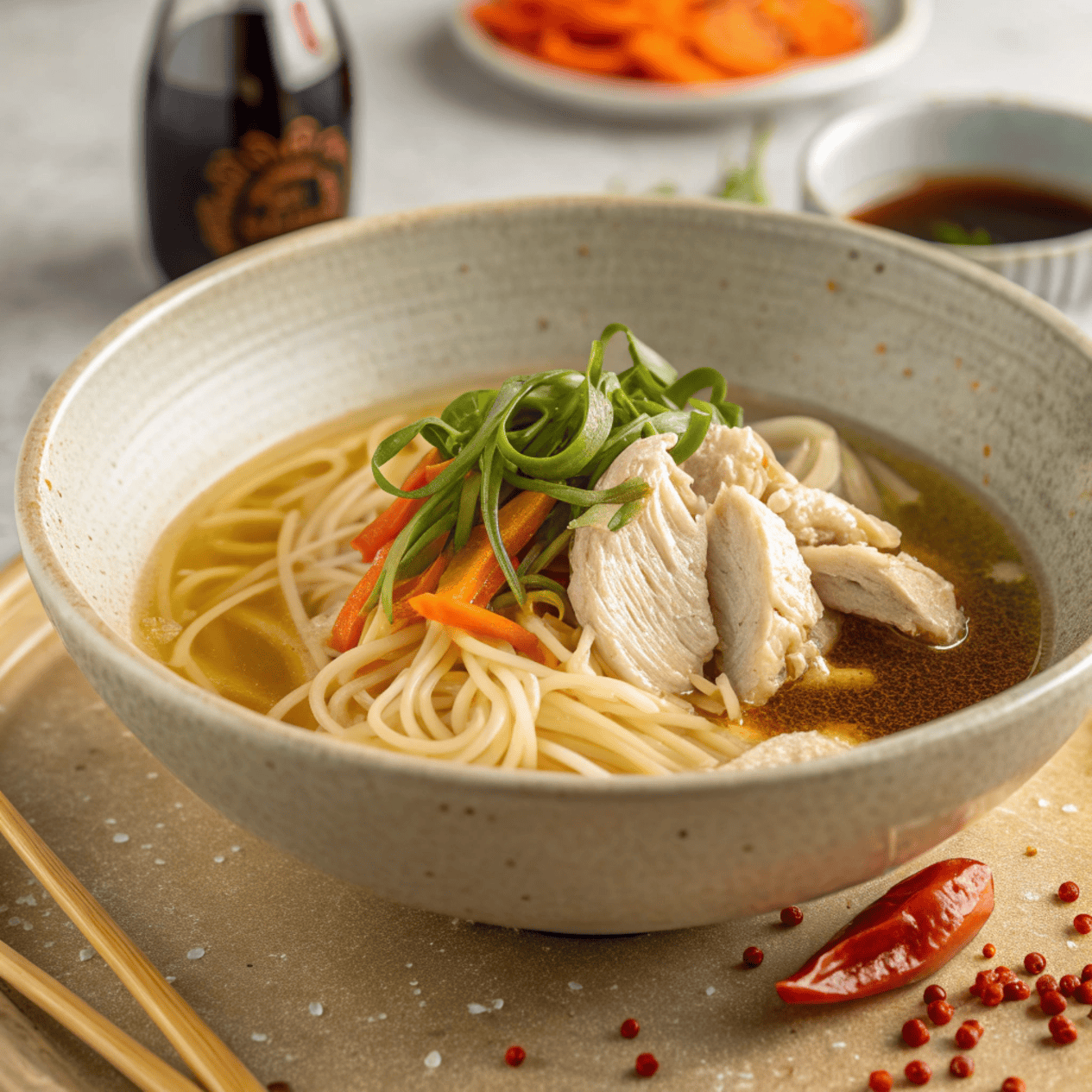 Clear ginger scallion chicken noodle soup with shredded chicken, noodles, carrots, and scallions.