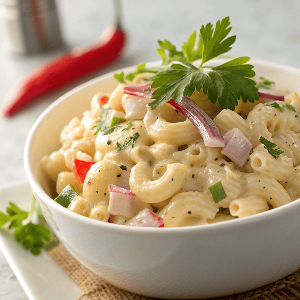 The Best Gordon Ramsay Macaroni Salad Recipe 4 Creamy macaroni salad with elbow pasta, peppers, red onion, parsley, and pepper-specked dressing.