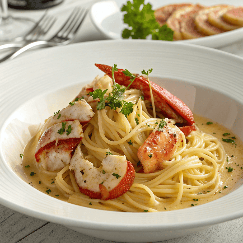 Lobster pasta with linguine and butter garlic sauce garnished with parsley