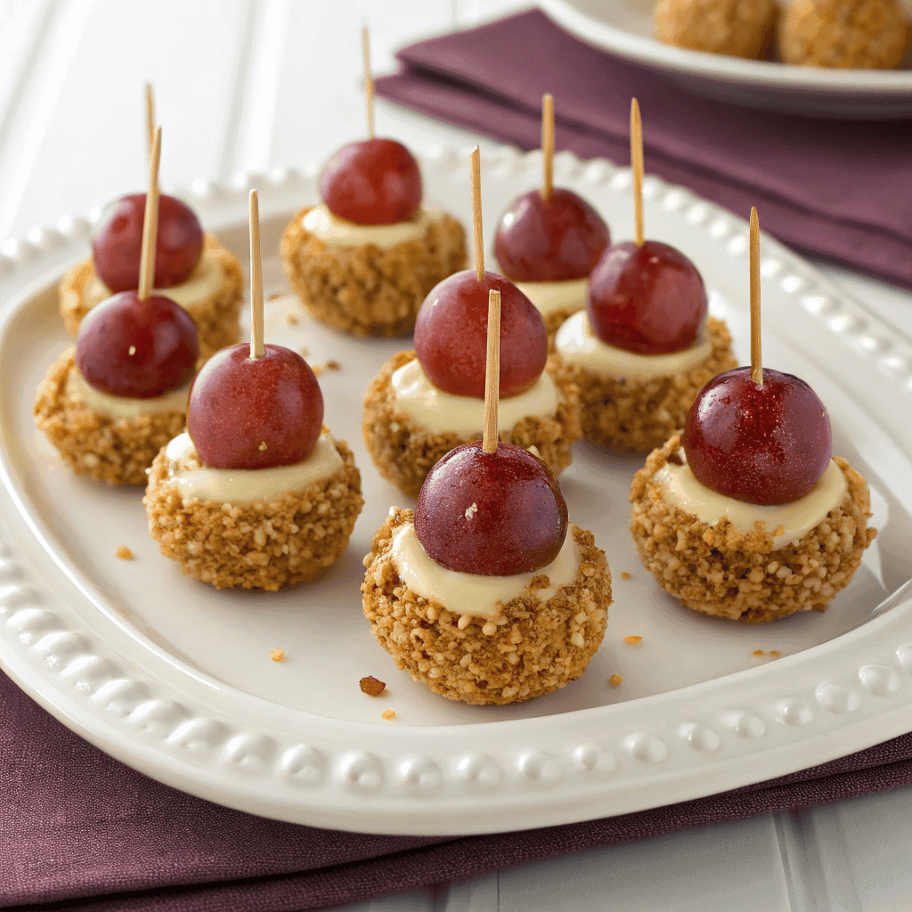 Creamy nut-coated grape appetizers with toothpicks arranged on a white ceramic plate in a bright hero shot.