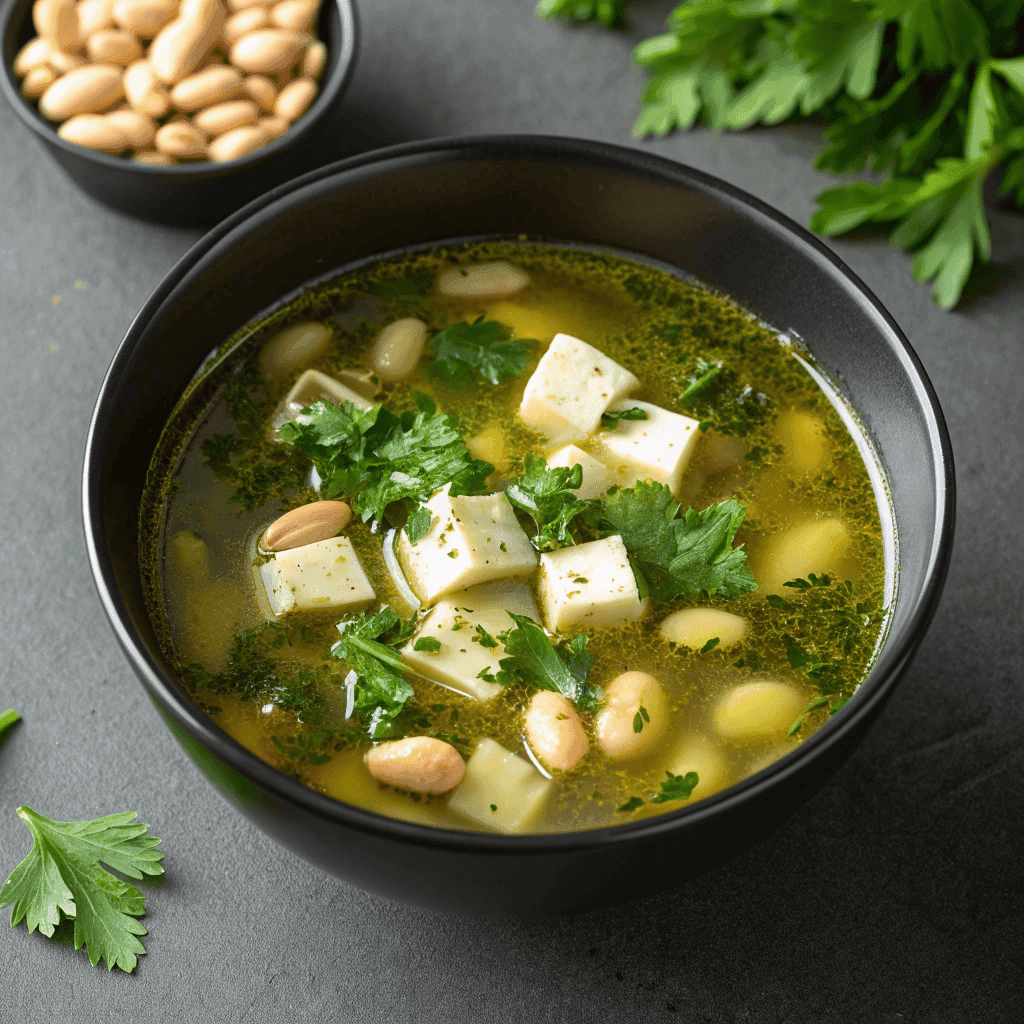 Top-down hero shot of Greek healing soup with clear broth, white beans, potato chunks, herbs, olive oil, and black pepper.