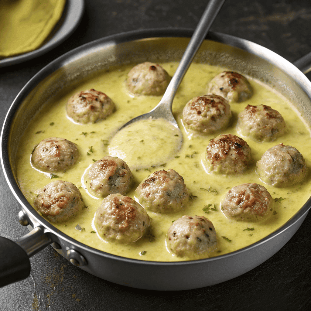 Greek keftedes meatballs simmered in a creamy lemon sauce inside a metal pan