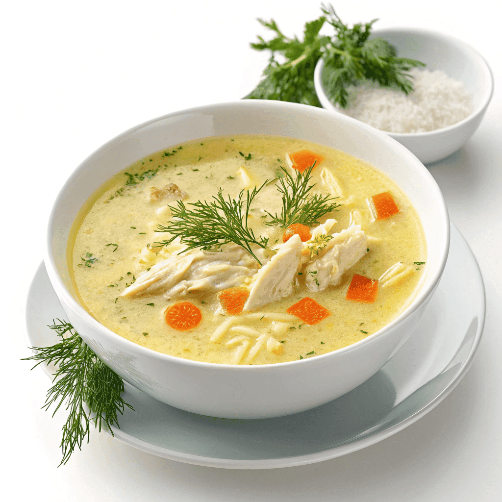 Avgolemono Greek lemon chicken soup served in a white bowl with rice, carrots, and dill.