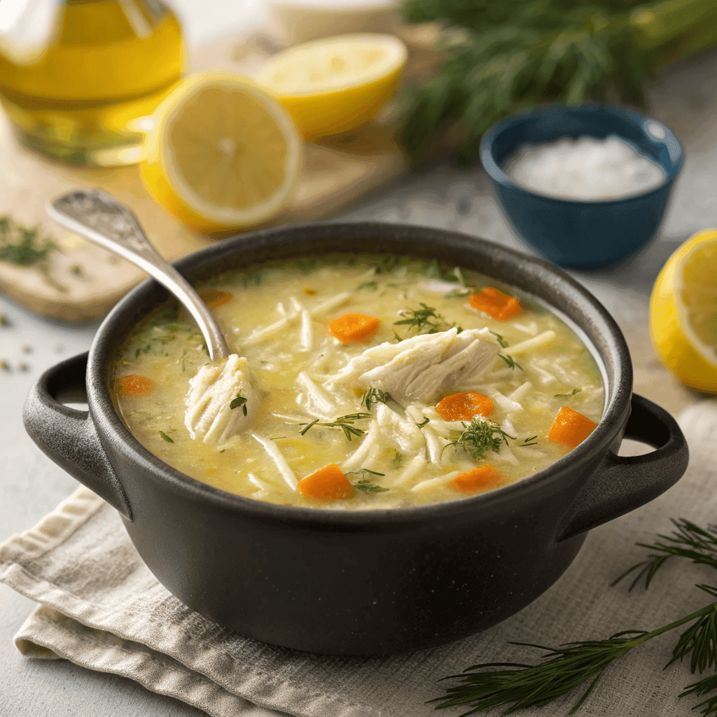 Greek lemon chicken soup with shredded chicken, rice, carrots, and dill in a silky yellow broth.