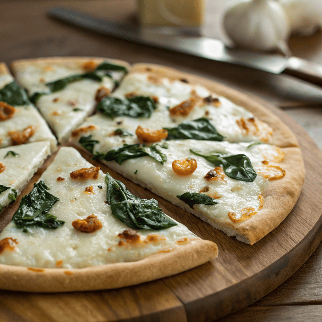 Greek white pizza with roasted garlic, spinach, and melted mozzarella cheese sliced fresh.