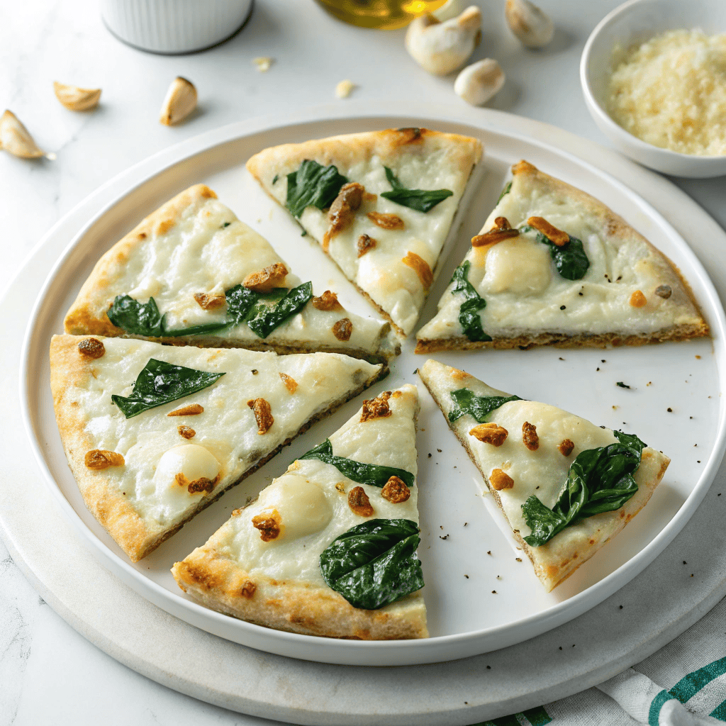 Slice of Greek roasted garlic spinach white pizza served on a white plate.