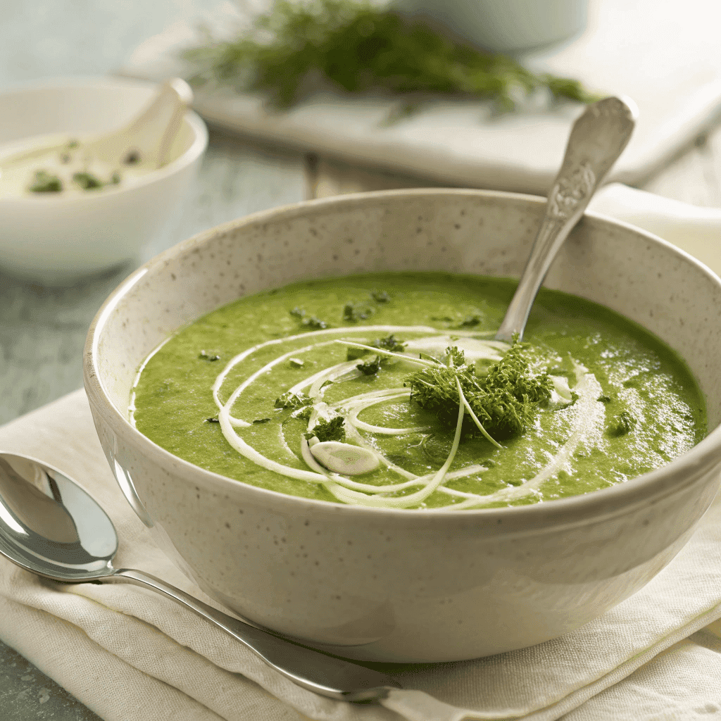 Creamy green goddess herb soup with fresh herbs and cream swirl in a bowl