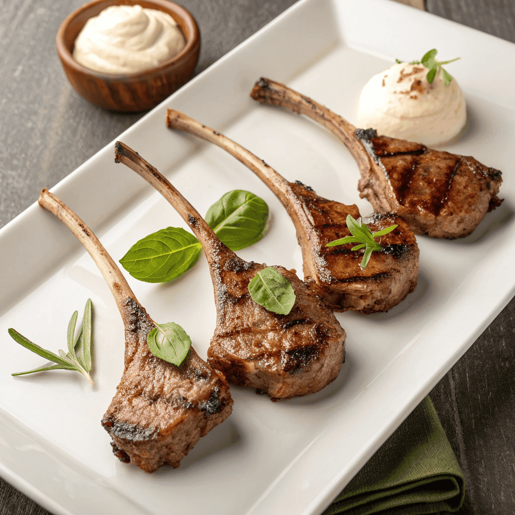 Grilled lamb lollipops with yogurt sauce and fresh herbs on a white plate