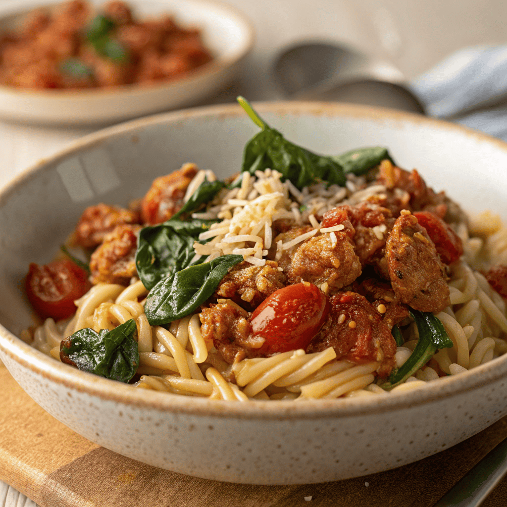 Ground turkey and orzo pasta with spinach, cherry tomatoes, Parmesan, and parsley in a ceramic bowl