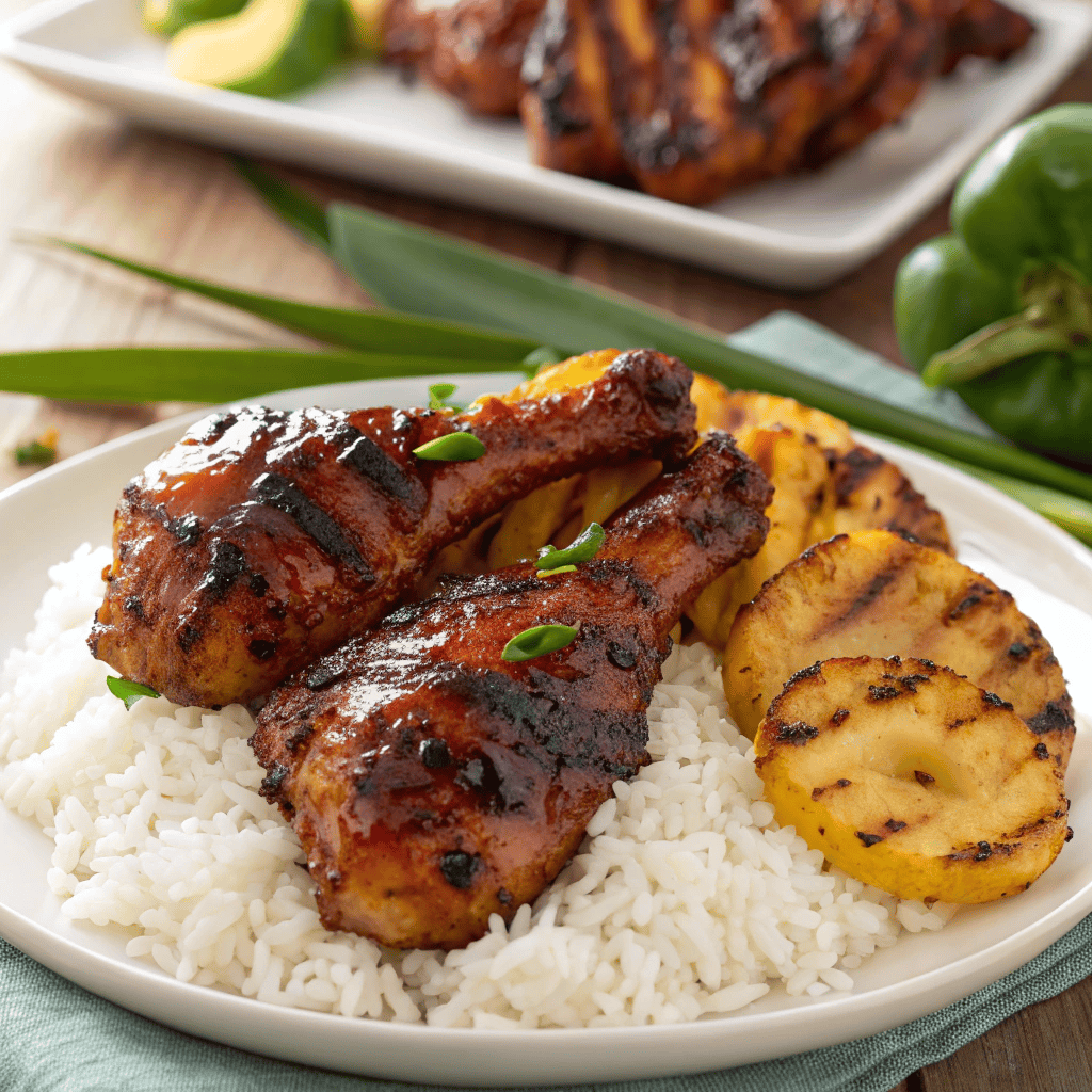 Sticky glazed Hawaiian Huli Huli chicken with grilled pineapple served over white rice, garnished with green onions and sesame seeds