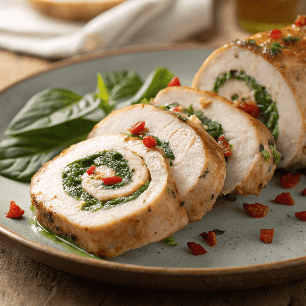 Stuffed herb chicken roulade plated simply on white dish