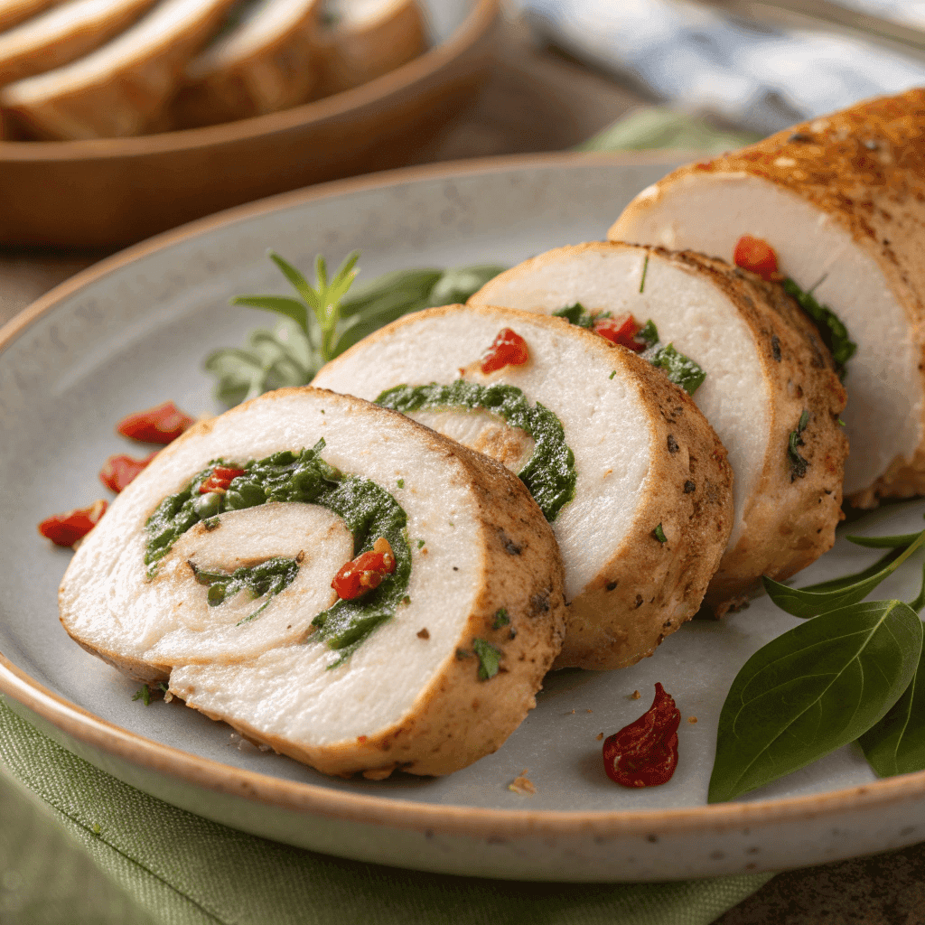 Sliced herb-rolled chicken porchetta with creamy herb filling